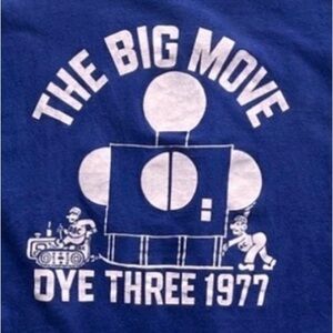 A Vintage ‘Russell’ Blue Tee -the big move 1977- printed graphicwhite lettering